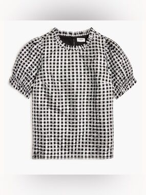 J.Crew Factory Shiny Gingham Puff Sleeve Top Black Silver Lurex M